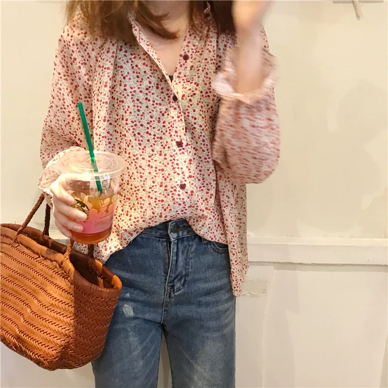 

floral print blouse shirt korean sweet loose long sleeve blouse spring women petal sleeve tops 2019 (K762)