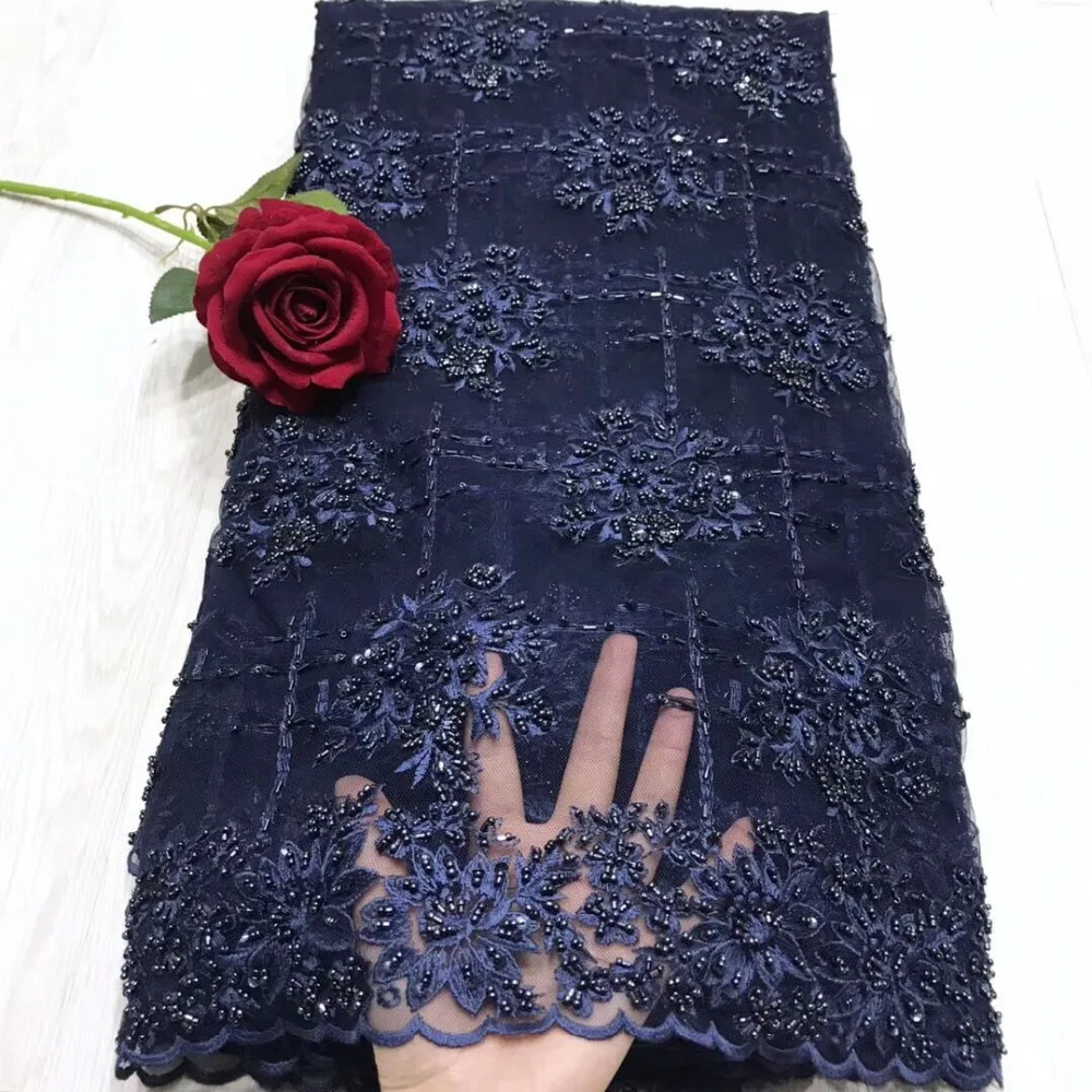 

Luxury heavy handmade beaded bridal fabric dark blue red black wedding dress lace fabric