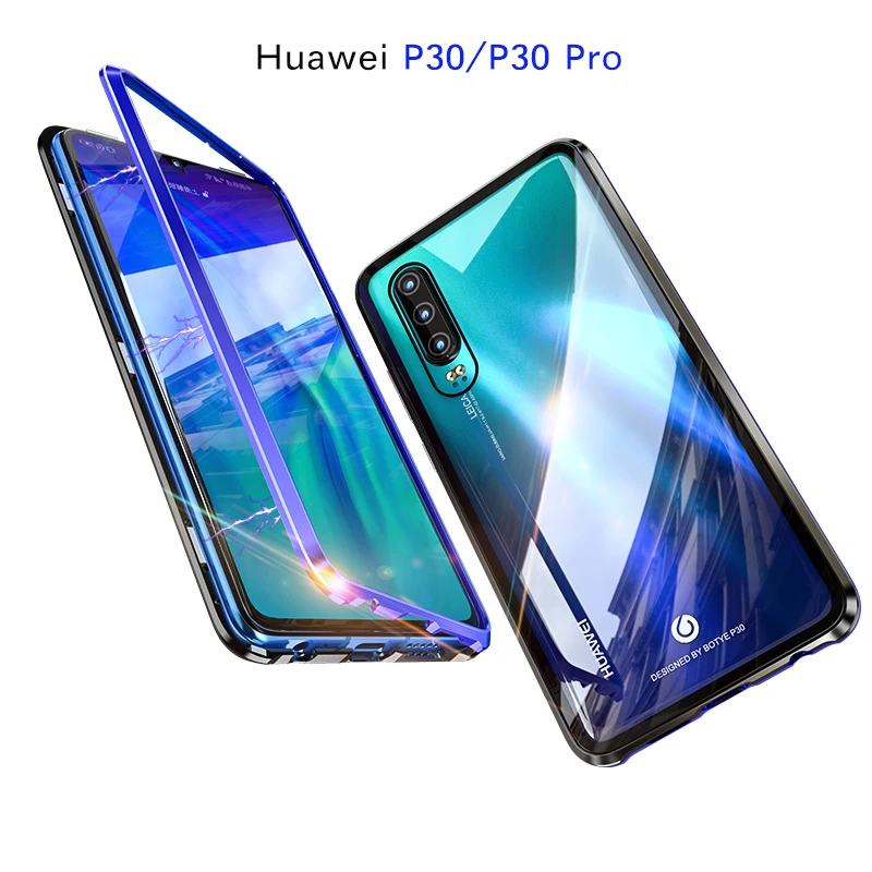 

For Huawei P30 Pro P30 Case Magnetic Adsorption CNC Aluminum Metal Bumper Transparent Tempered Glass Cover Etuis Handy Hulle