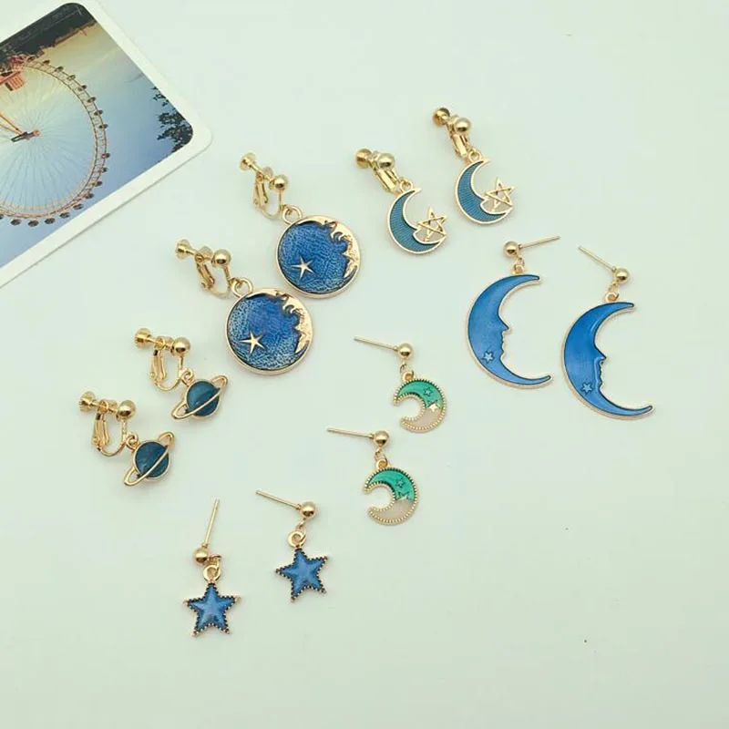 Handmade Moon Star Earth Sky Clip On Earrings For Women Fashion