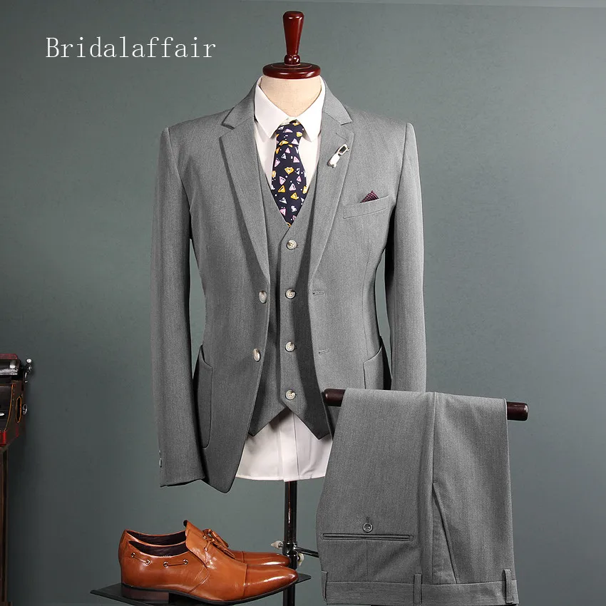 Серый Bridalaffair качественные мужские костюмы Серый Мужской приталенный Блейзер Свадебный мужской смокинг жениха костюм для выпускного вечера официальная куртка+ брюки+ жилет 3 шт - Цвет: Серый