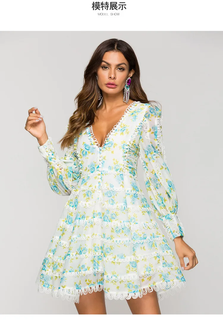 

Celebrity Evening Party Dress Vestidos Verano 2019 New Sexy V Neck Puff Long Sleeve Mini Lace Women Runway Dress Clubwears