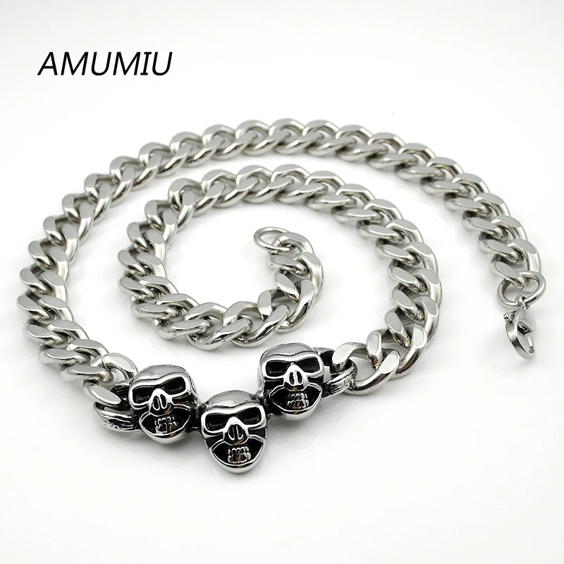 AMUMIU нержавеющая сталь Снаряженная кубинская цепочка с черепом ожерелье для