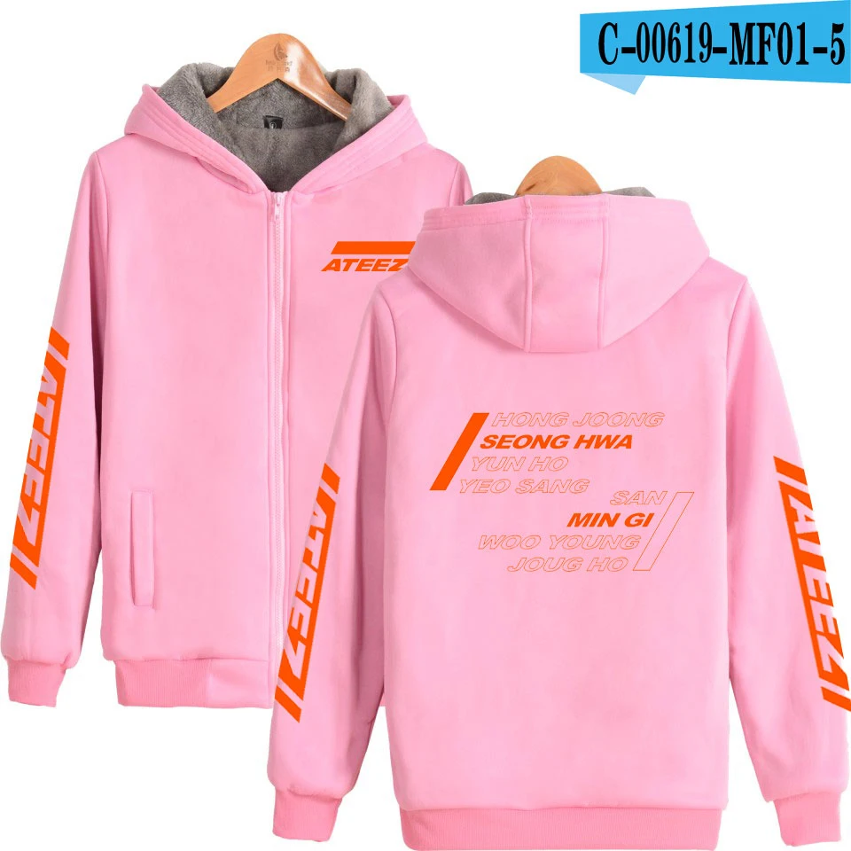 Новые толстовки с капюшоном с принтом ATEEZ Харадзюку, плотные толстовки на молнии с капюшоном с длинным рукавом, женская повседневная одежда, большие размеры - Цвет: pink