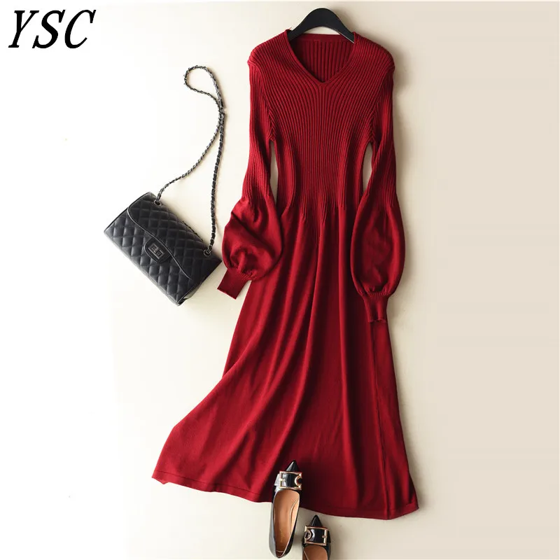 

2018 spring Latest style Women's Knitted Cashmere Wool Dress Long style Solid color V-collar Lantern sleeve Free Shipping