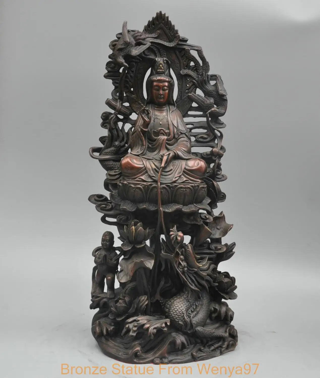 

SS 18'' China Kwan-yin Guanyin Buddha Sit Lotus Dragon Kid Goddess Bronze Statue QQ