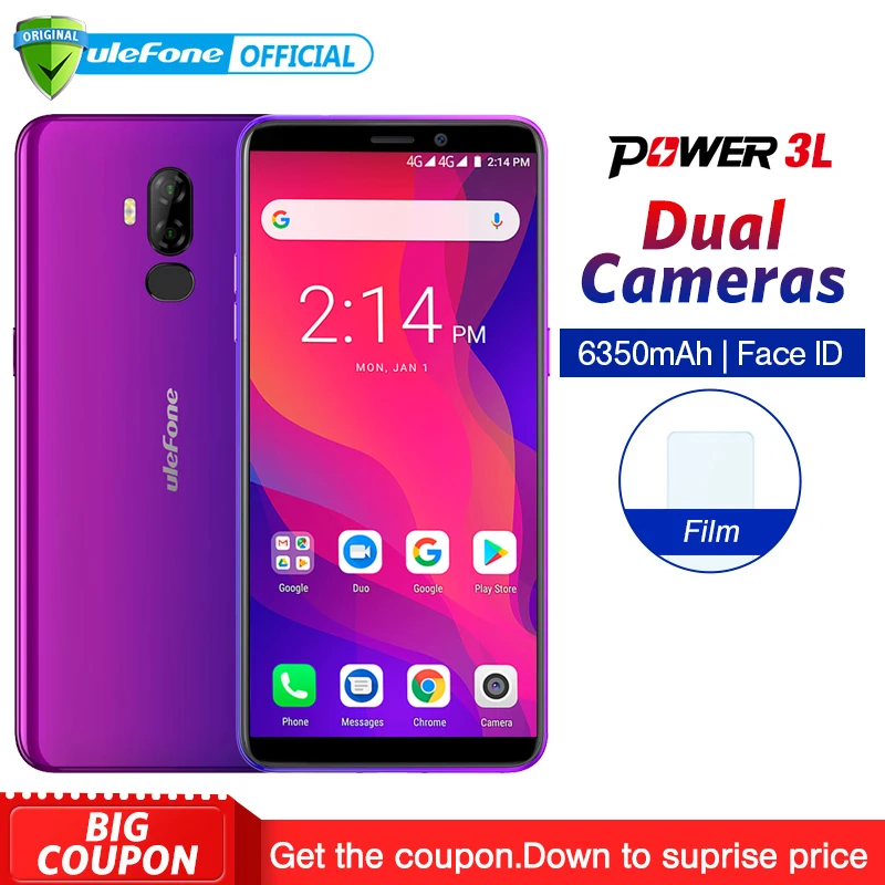 

Ulefone Power 3L 6.0" HD+ Android 8.1 Mobile Phone MTK6739 Quad Core 2GB+16GB 13MP+5MP Camera 6350mAh Face ID NFC 4G Smartphone