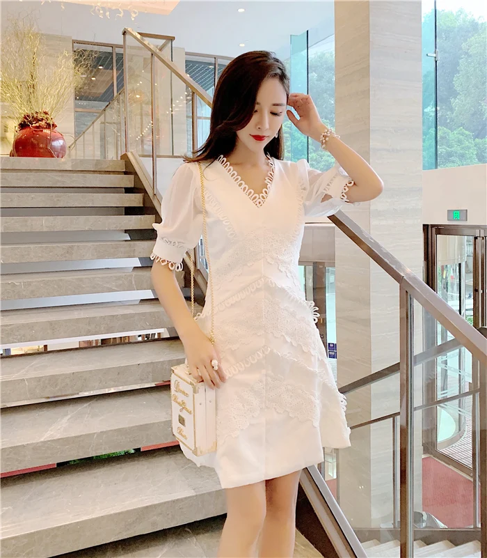 Платье летняя Корейская версия Vestidos OLN Новое поступление австралийская леди водорастворимый цветок приталенное платье с вышивкой