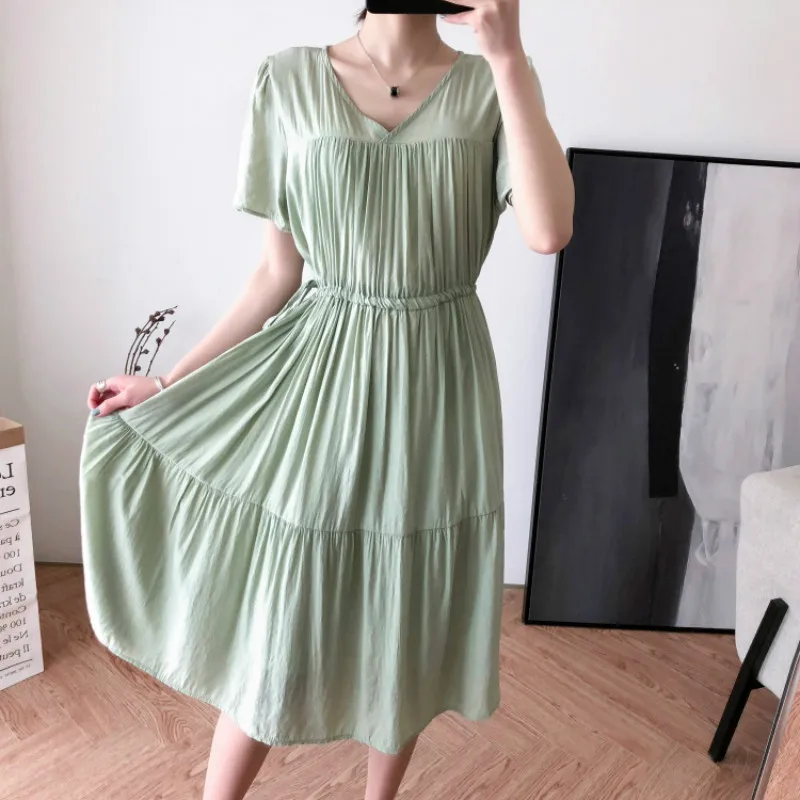 

Solid Color Casual Maternity Dress Plus Size V Neck Pregnant Dress Temperament Pregnancy Clothes Chiffon Dresses High Waist