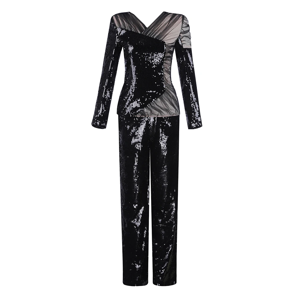 Seamyla женский черный костюм наборы женский модный длинный рукав две штуки с блестками наборы сексуальный облегающий знаменитый вечерние для вечеринок наборы