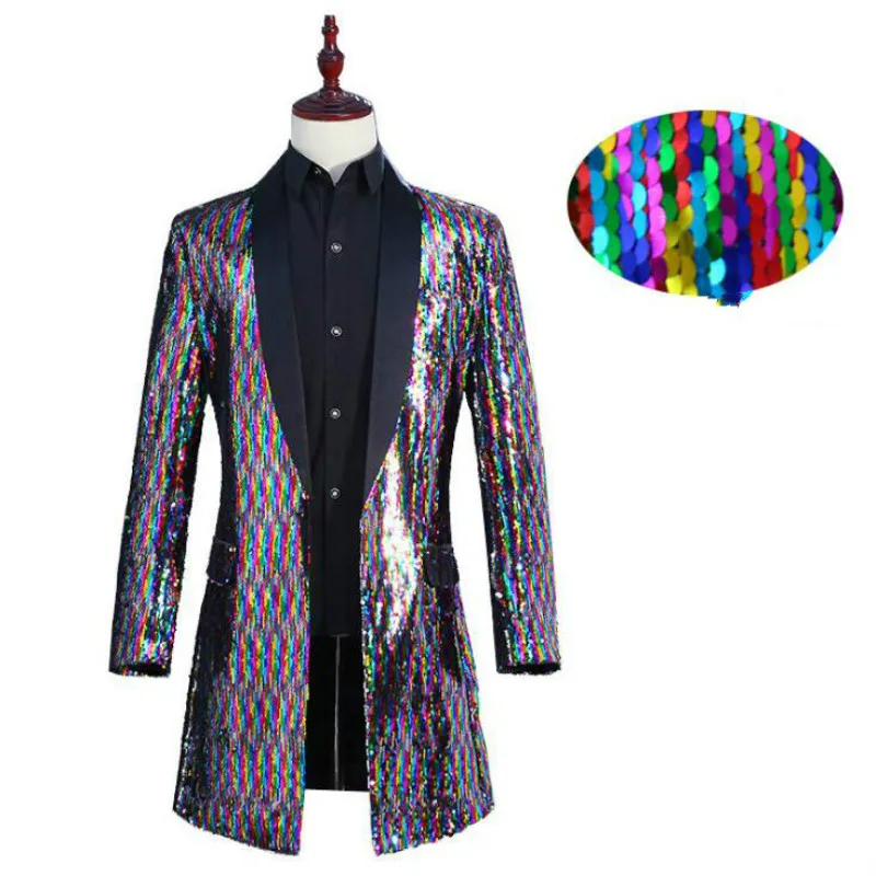 Men's suit nightclub bar hosted long color changing windbreaker flip film colorful sequins DJ tide models cool singer costumes