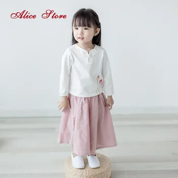 

2018 Autumn new girls Chinese style clothing children 's clothing top Chinese wind flower girl linen T- shirt free shipping