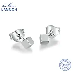 LAMOON S925 серьги стержня для Для женщин Гладкий куб 100% натуральная 925 пробы серебро простой Стиль Fine Jewelry подарок LMEY154
