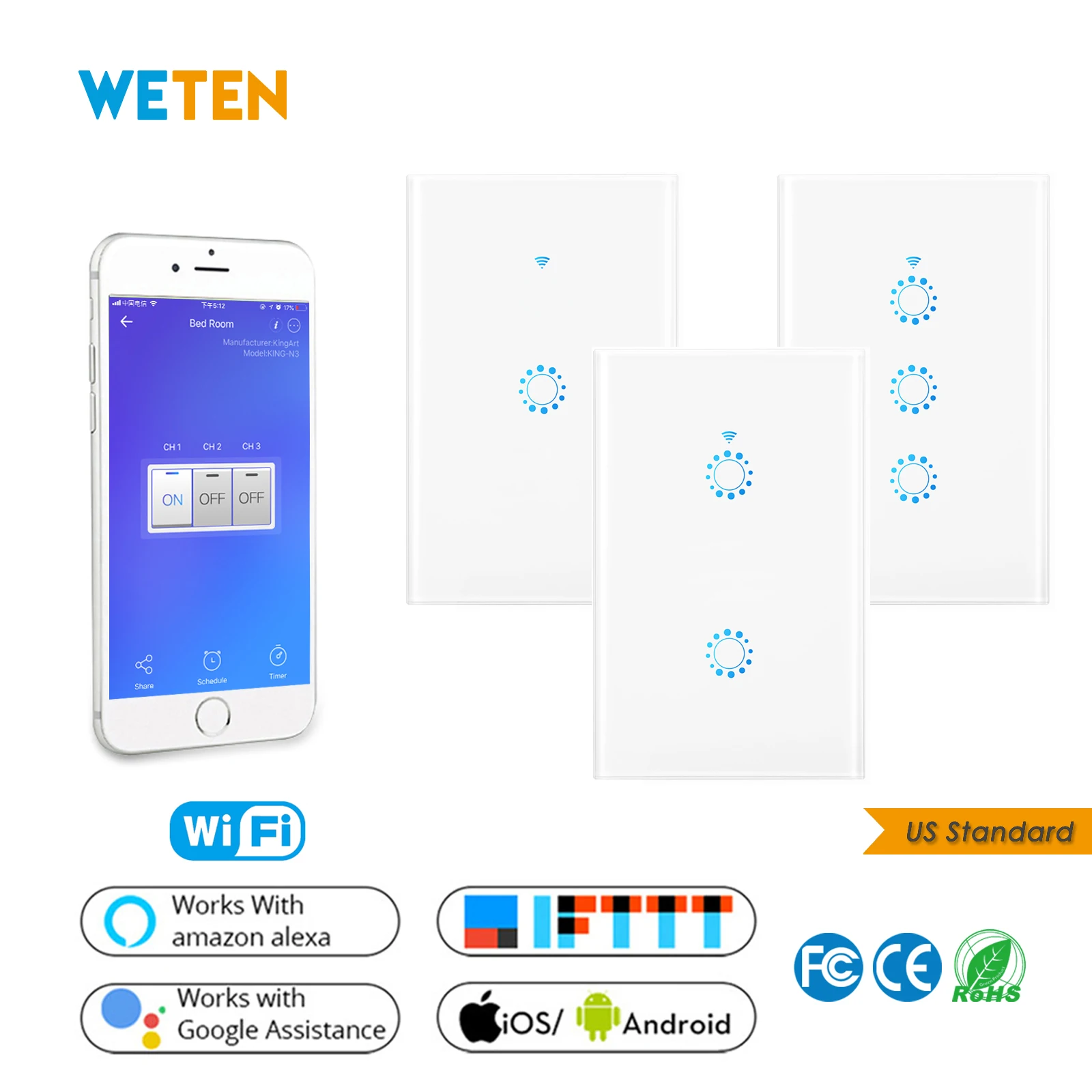 

Wifi Wall Touch Switch 1 2 3 Gang Glass Panel Wall light Switch Ewelink APP Support Alexa Google Home US 220V White Smart Switch