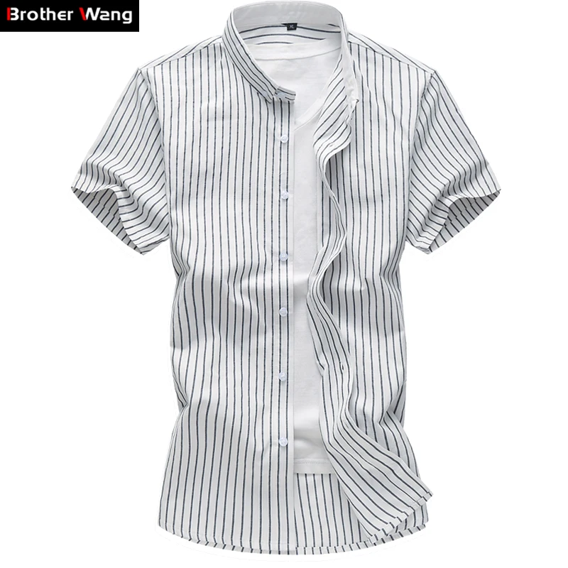

Brother Wang Men's Casual Thin Striped Shirt Summer New Male Slim Business Fashion Short Sleeve Shirt Large Size Brand 6XL 7XL