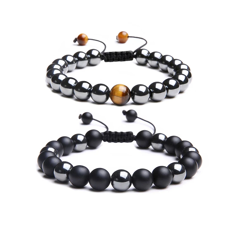 

Bracelets for Men Natural Stone Bracelet 8mm Beads Black Onyx Stone and Hematite Tiger Eye Handmade Lace-up Adjustable Bracelets