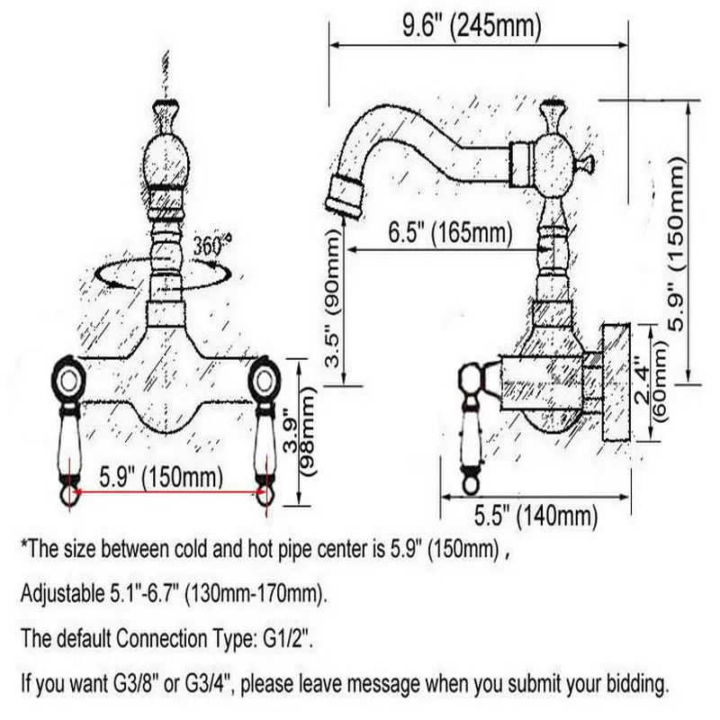 Black Oil Rubbed Bronze Wall Mounted Bathroom Kitchen Sink Faucet Swivel Spout Mixer Tap Dual Ceramics Handles Levers anf864