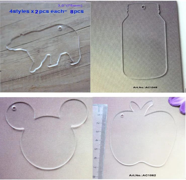 

(2pcs each) 76mm Acrylic Keychain Clear Blank Apple Mouse Head Mason Jar Bear Monogram Keychain Laser Cutout 3"-ZH12