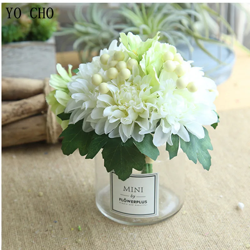 YO CHO Artificial Flowers High Quality Silk Flowers Dahalia Berry Bouquet For Wedding Home Desktop Office Decoration Fake Flower