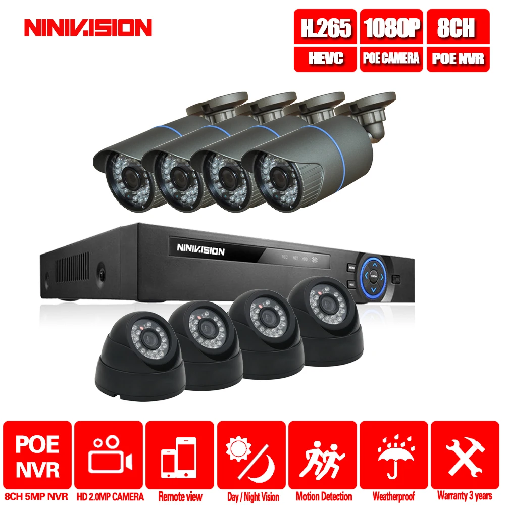 NINIVISION 48 В 8-канальный PoE Комплект видеонаблюдения Системы PoE Камера 1080 P CCTV Системы 8 шт. 1080 P PoE IP Камера + 1 шт. 8CH PoE NVR комплект