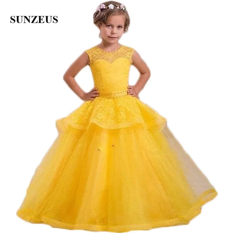Yellow Lace Girls Pageant Dresses Long Pearls Neck Waist Attractive