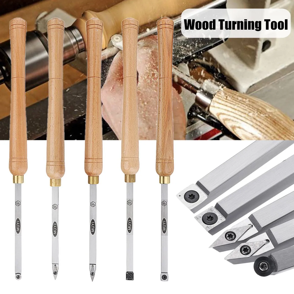 

Lathe Wood Turning Tool Carbide Insert Cutter Tools Square Shank with Wood Handle Woodworking Tool