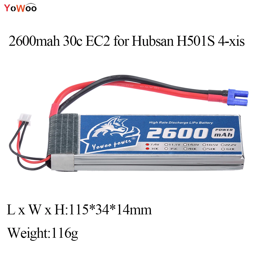 

Lipo 2s battery Hubsan H501S 4xis 7.4V 2600mah 30C Max 60C Battery Drone Akku Li-Polymer For RC Quadcopter Helicopter Airplane