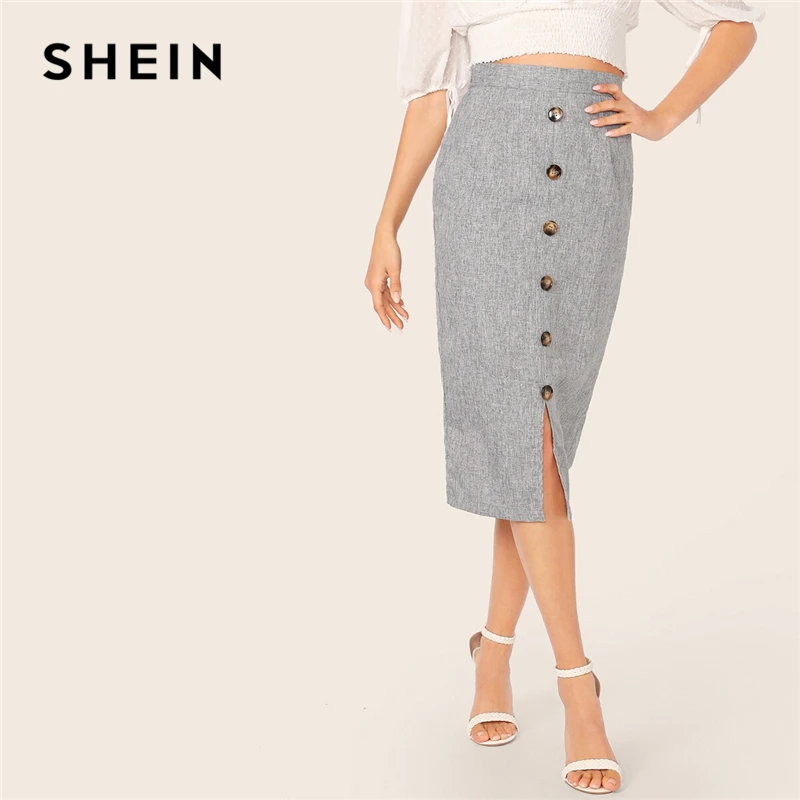 

SHEIN Grey Button Front Slit Bodycon Pencil Long Skirt Spring Autumn Skirts Womens High Waist Solid Office Lady Elegant Skirt