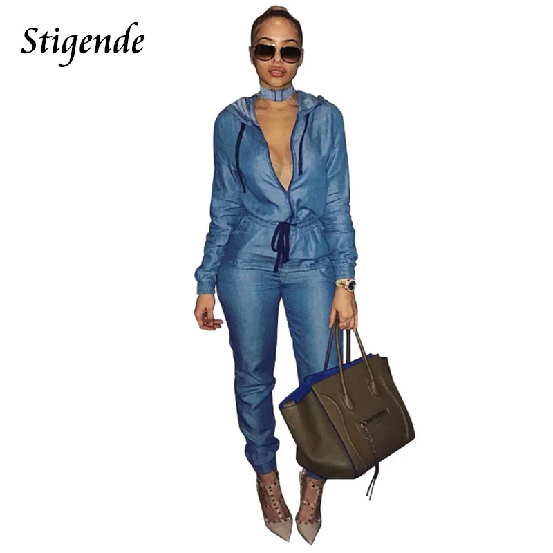 

Stigende Long Sleeve Denim Jeans Jumpsuit for Women Casual Bodycon Hooded Jumpsuit Romper Blue Ladies Drawstring Zipper Overalls