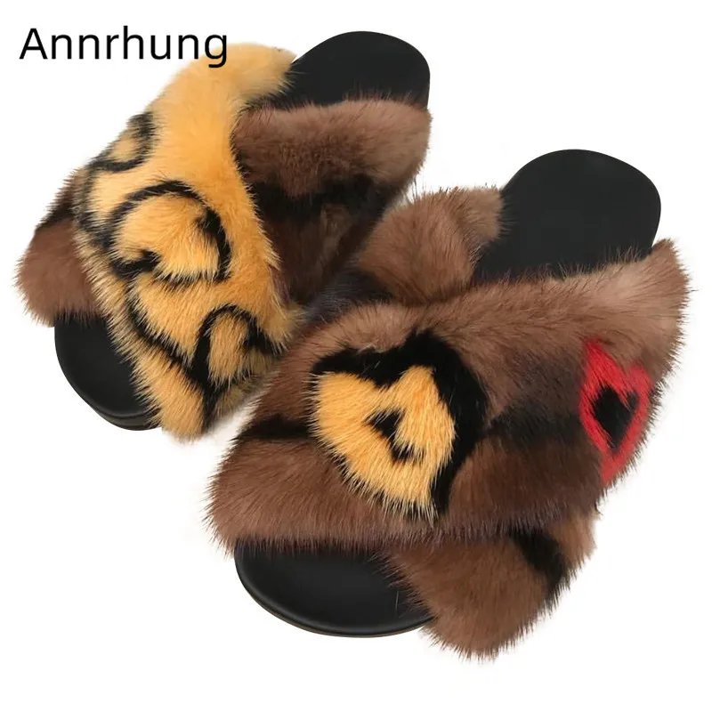 

2019 Chic Fashion Leopard Fur Slides Women Mixed Color Cross Strap Shoes New Autumn Fluffy Fur Slippers Women
