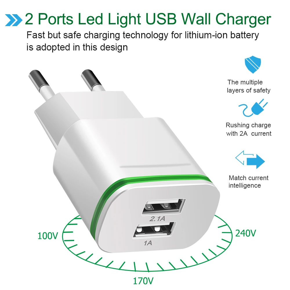المزدوج USB شاحن الاتحاد الأوروبي الهاتف المحمول LED السفر الجدار شاحن لسامسونج غالاكسي S8 S7 العالمي شاحن الهاتف USB كابلات ل iphone