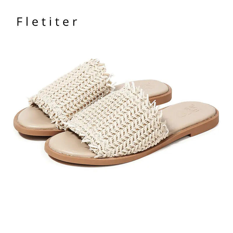 

2019 Summer Women Slippers Weave Flats Shoes Woman Shoes Open toe Slippers Non-slip Outside Slides Soft sole plus size Fletiter