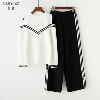 

GUUZYUVIZ 2 Piece Outfits For Women Long Sleeve Strapless Pullover Knitted Sweater Tops And Casual Loose Stripe Wide Leg Pants