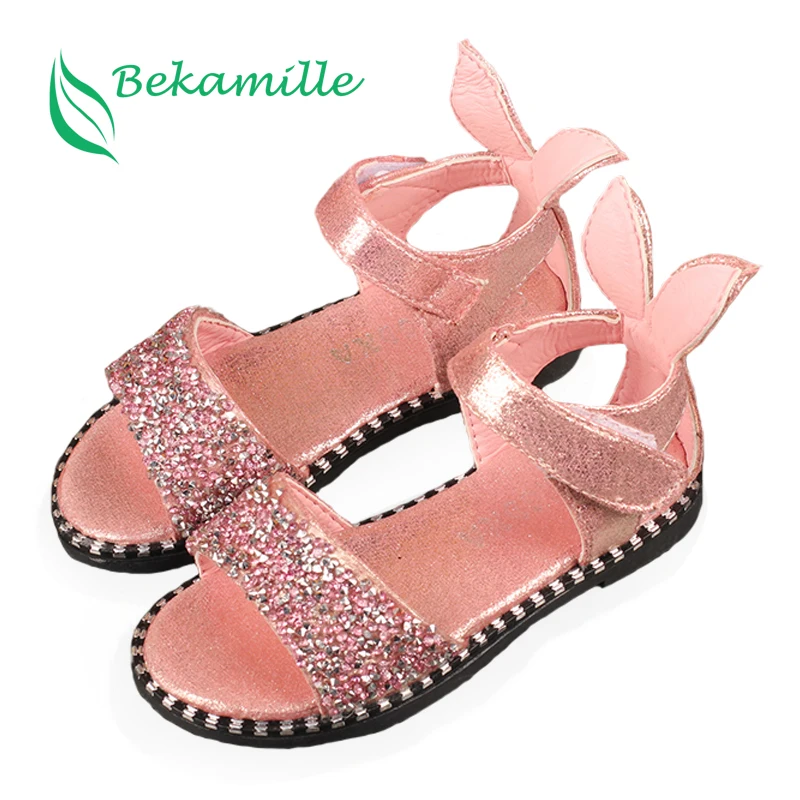 Bekamille/летние сандалии для маленьких девочек; модные детские сандалии с блестящими стразами; обувь для девочек с кроличьими ушками; детские сандалии на плоской подошве