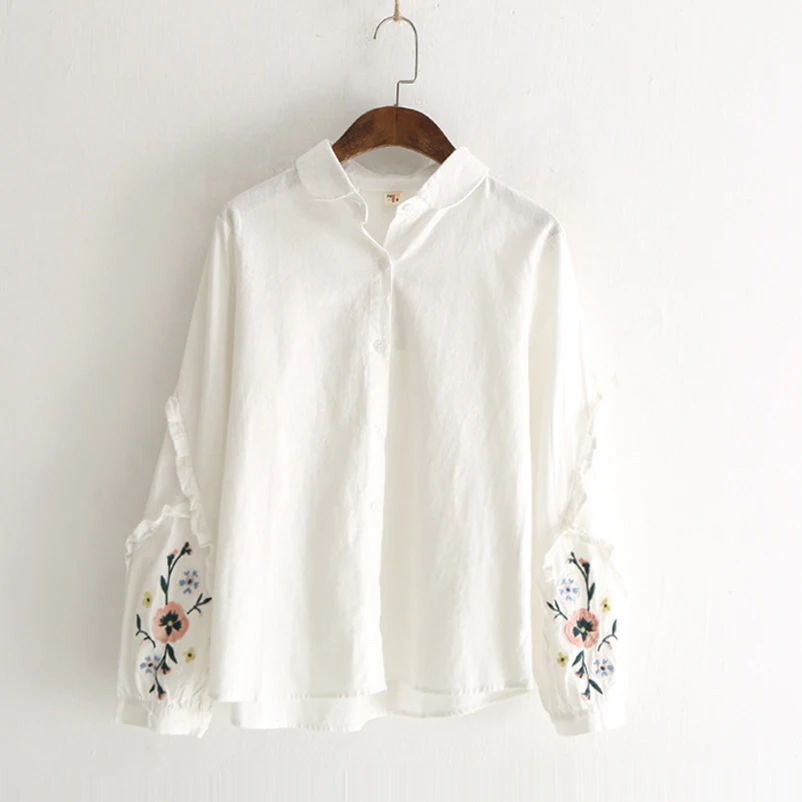 Chaqueta Las blanco Larga Azul Floral Mujeres 2019 Blusas La Blusa Primavera De Punto Blanco Nueva Azul Bordado Mujer Camisa Algodón Manga xvqpR0wB