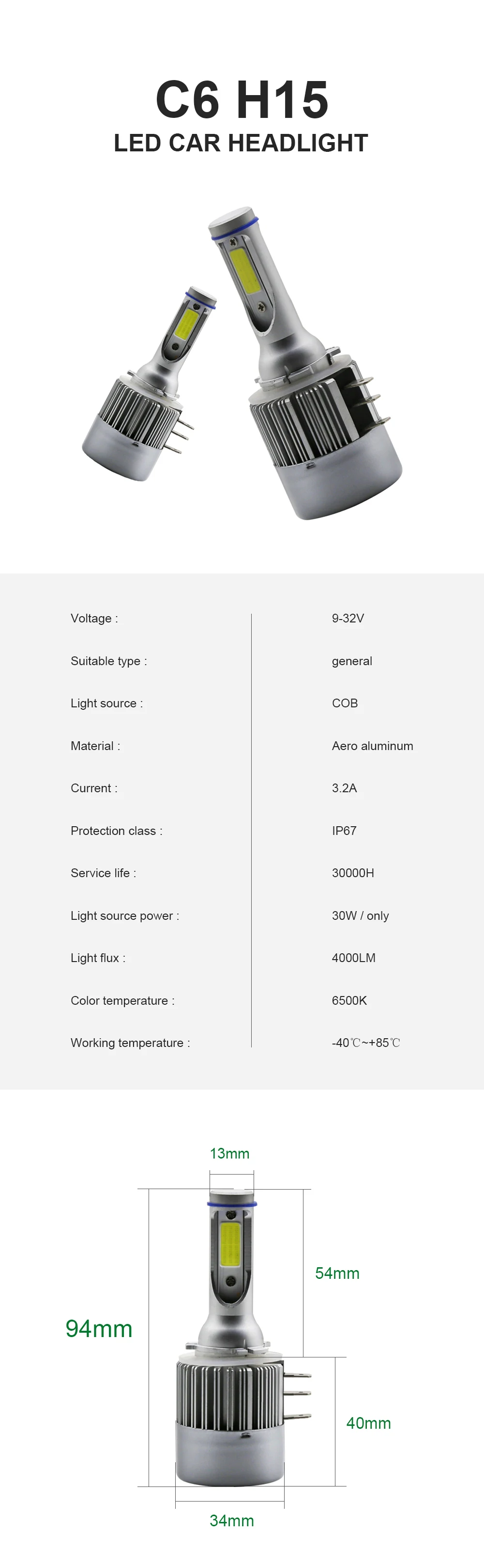 Oi Médios 12V C6 8000LM 6500K Lâmpada