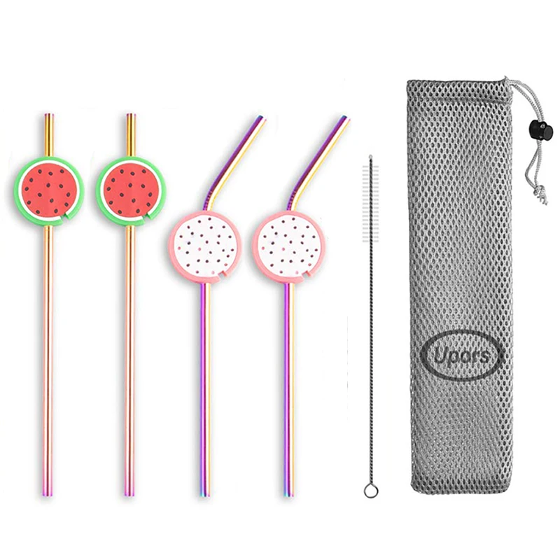 

UPORS Reusable Metal Drinking Straws 215*6mm Eco Friendly Stainless Steel Straws with Silicone Maintainer Tips Straw Brush Pouch