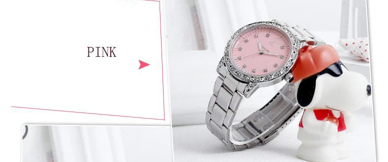 Snoopy женские часы, подлинные блестящие стразы, роскошные Стальные кварцевые часы, женские часы, женские наручные часы, подарок для женщин