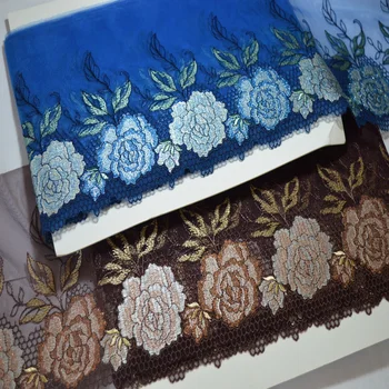 

somelace 18CM Width(2yds/lot) blue and brown shiny silk Embroide Hight quality lace fabrics embroidered lace trim 17021101