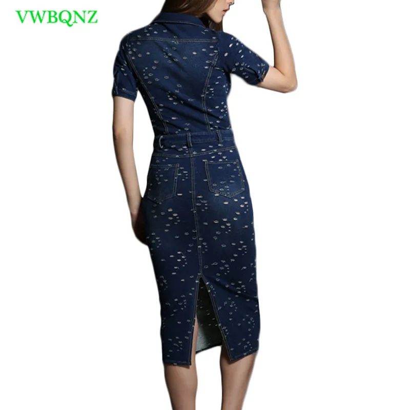 Spring Autumn High waist Denim Dress Women Slim Short sleeve Casual Jeans Dresses Female Holes Denim Blue A word Dresses A724