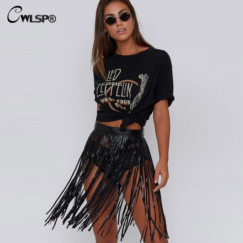 CWLSP Sexy PU Tassel Skirt For Women Hollow Out 2018 Summer Lady Fashion Mini Leather Short Skirts Saia QZ2782