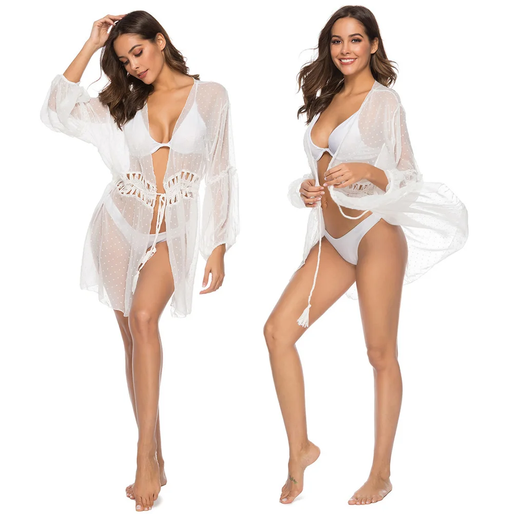 

2019 Women Beach Summer Wave Point Thin Sunscreen Cover Up Holiday Blouse Breathable With Belt Bikini Wear Lace Swimwear Soft