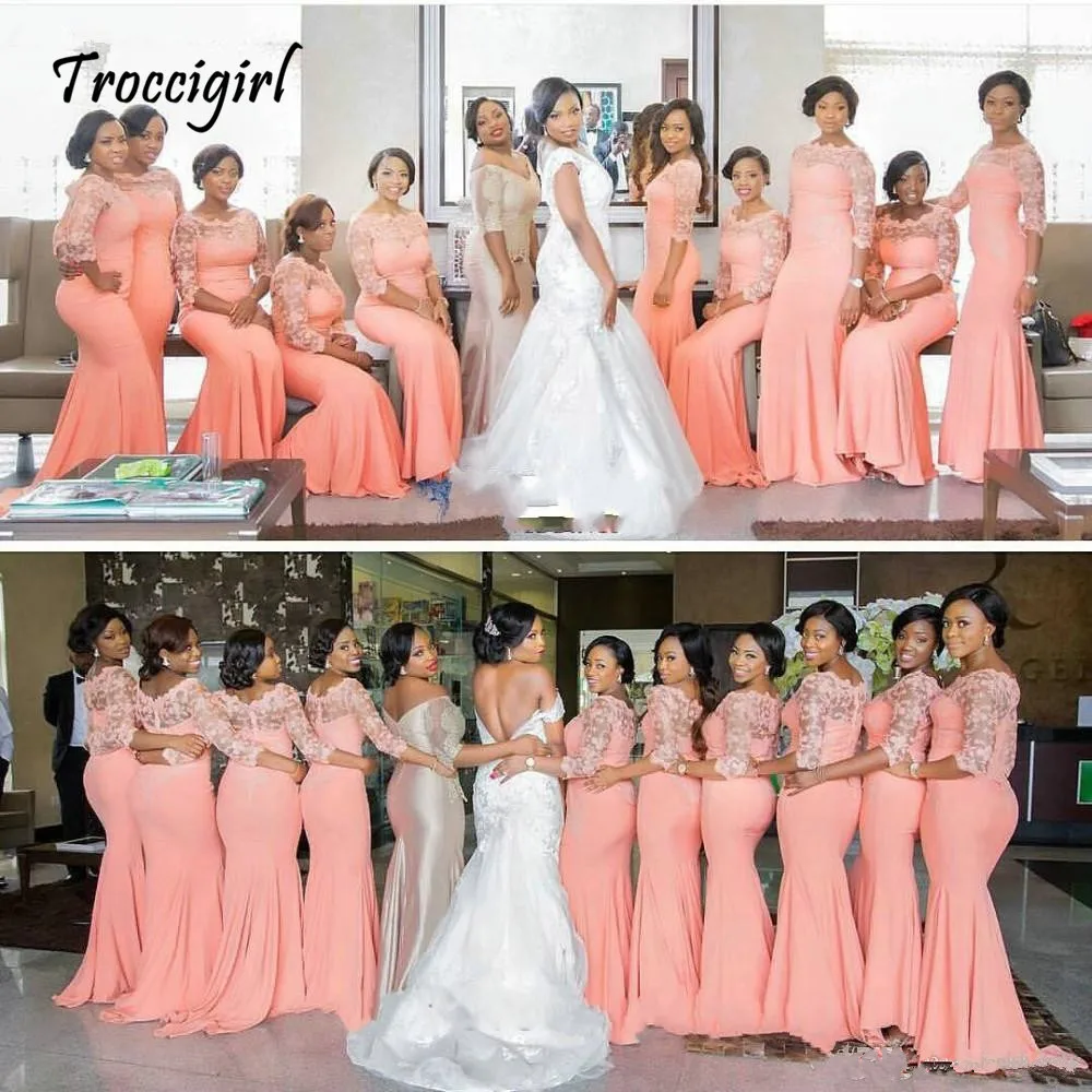 17-1         Arabic African Coral Long Bridesmaid Dresses with Half Sleeves Plus Size Lace Mermaid Party Dress Beautiful Dresses for Wedding