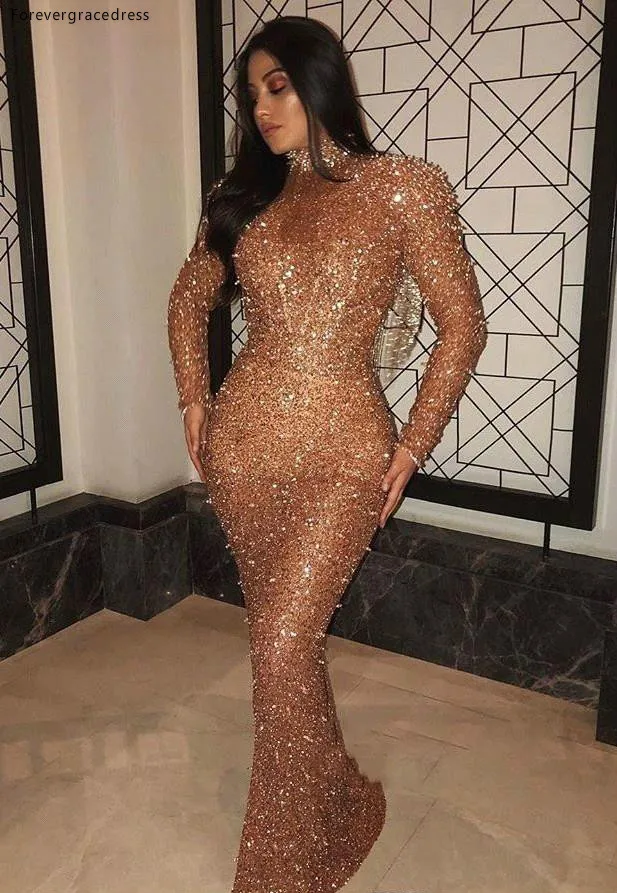 Blingbling Gold Sequins Mermaid Long Sleeves Evening Dresses Sexy Tassel Backless High Neck Evening Prom Gowns Formal Pageant BC0588  148 (2)