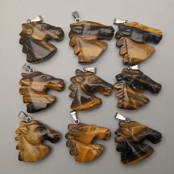

fashion natural stone Horse head Tiger eye Pendants & necklaces for making Jewelry charm Animal Good quality 12pcs/lot wholesale