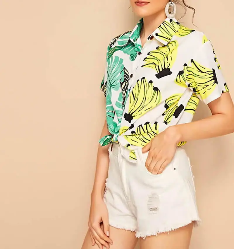 

2019 Summer Beach Style Women Short Sleeve Shirt With Button Collar Leaf Banana Printed Loose Patchwork Fruit Pattern T-Shirt