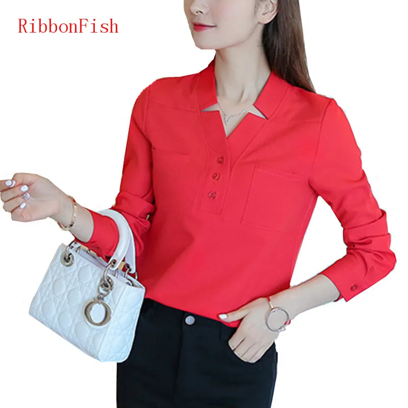 Spring Summer Style Women Office Work Wear OL Chiffon Blouses Shirt Lady Grils Long Sleeve Decor V-Neck Blusas DF1175 | Женская одежда