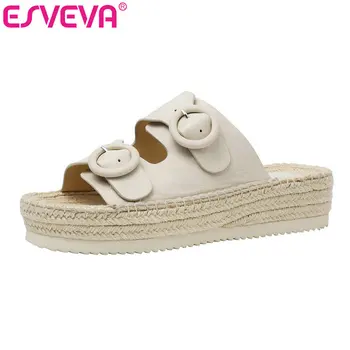 

ESVEVA 2019 Ladies Sandals Med Heel Slip On Slingback Elegant Ladies PU+Leather Buckle Women Shoes Round Toe Size 34-39
