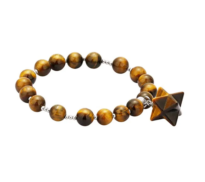 

FYJS Unique Jewelry Silver Plated Star Point Merkaba Natural Tiger Eye Stone 8 mm Round Beads Bracelet