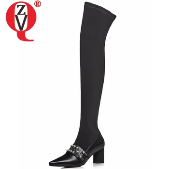

ZVQ hot sale new fashion sexy stretch fabric pointed toe women shoes high strange style slip-on pearl decoration over knee boots